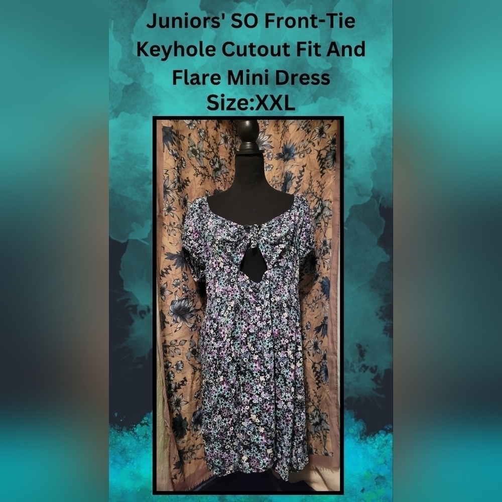 Juniors' SO Front-Tie Keyhole Cutout Fit & Flare Floral Mini Dress - Size XXL